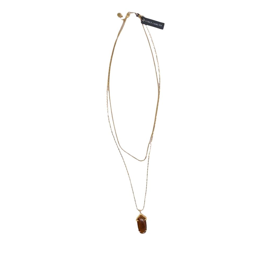 Vince Camuto Double Chain Tiger's Eye Pendant Necklace Gold Toned